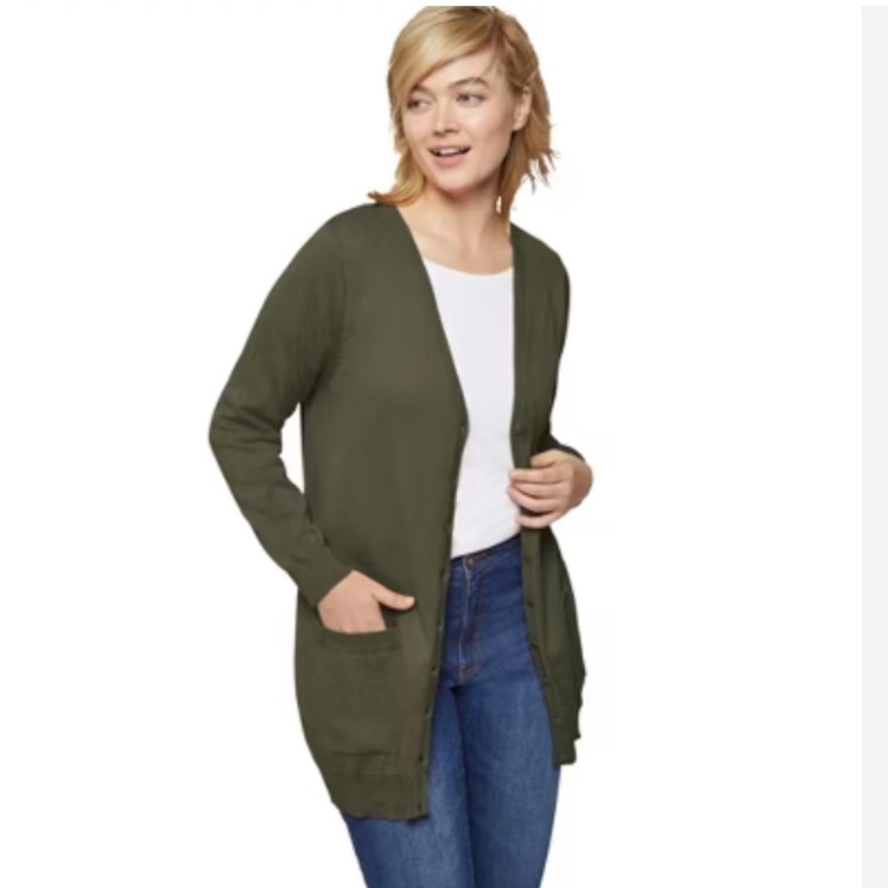 Ellos Women’s Knit Boyfriend Cardigan with Pockets in Olive Green M (14-16)